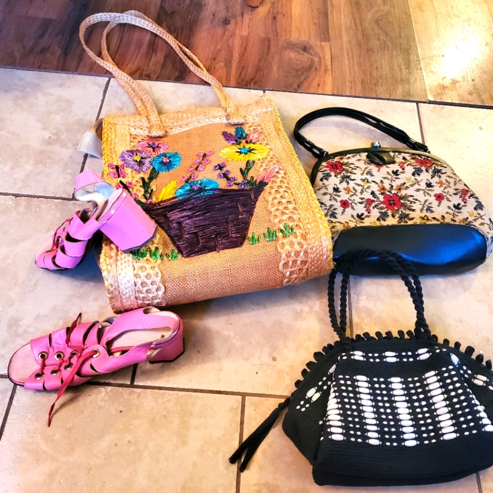 Sz 7 1960 miss America vintage 1940 octagon heels 3 purses lot carpet bag straw